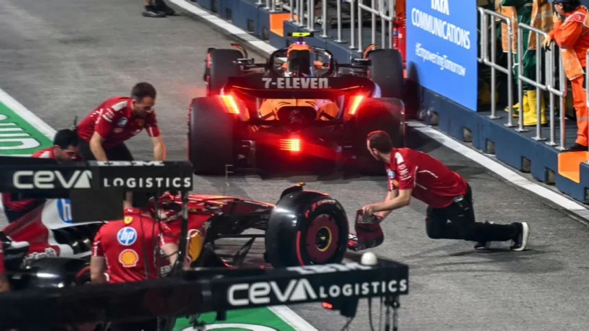 Norris choca con Leclerc en pits; Russell y Lawson, incidentes en Singapur