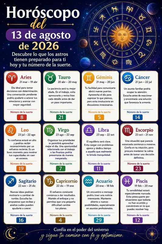 Horóscopo 13 de agosto 2026: predicciones y números de la suerte hoy