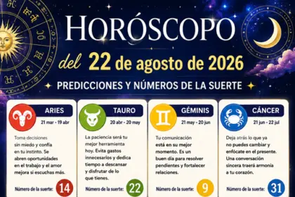 Horóscopo 22 de agosto 2026: predicciones y números de la suerte hoy 12 Horóscopo 22 de agosto 2026: predicciones y números de la suerte hoy
