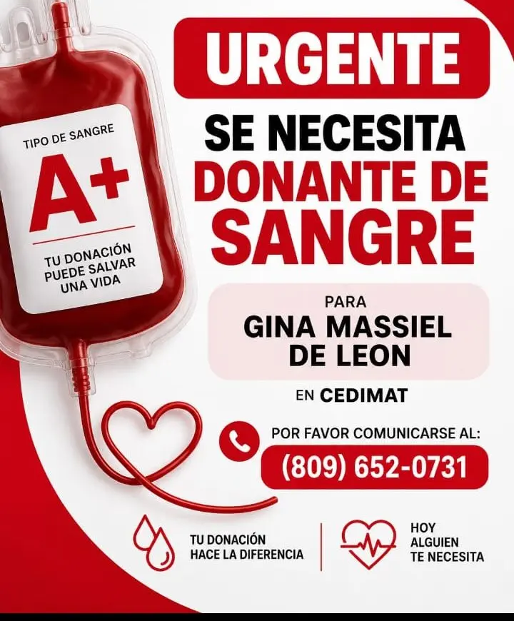 Urgente: Gina Massiel necesita donantes de sangre A positivo en Cedimat