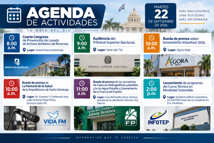 Agenda de eventos en Santo Domingo para este martes 22 de septiembre 1 Agenda de eventos en Santo Domingo para este martes 22 de septiembre