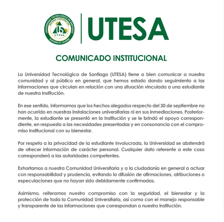 UTESA aclara incidente de estudiante no ocurrió en sus instalaciones