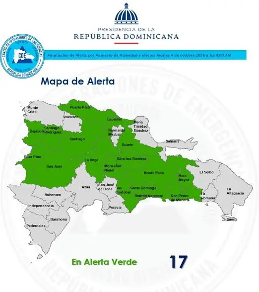 COE sube a 16 las provincias en alerta verde por vaguada en RD