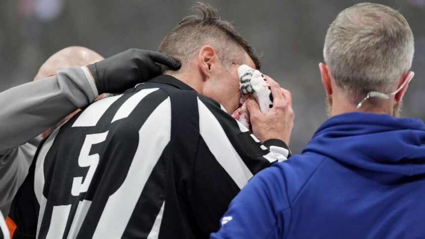 Rooney Bleeds: Referee Exits Maple Leafs vs. Panthers Game Due to Stick.