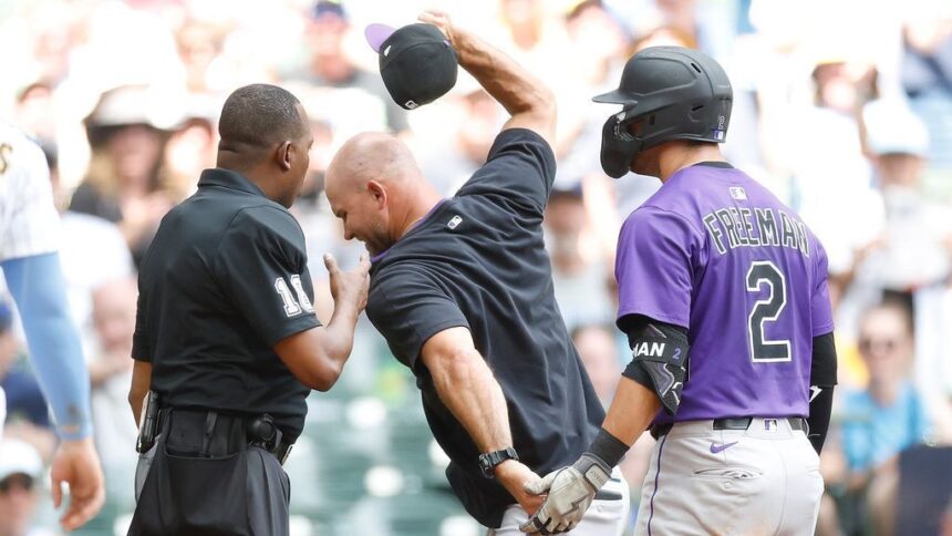 Freeman and Schaeffer, ejected: Rockies vs. Brewers, controversy over strike