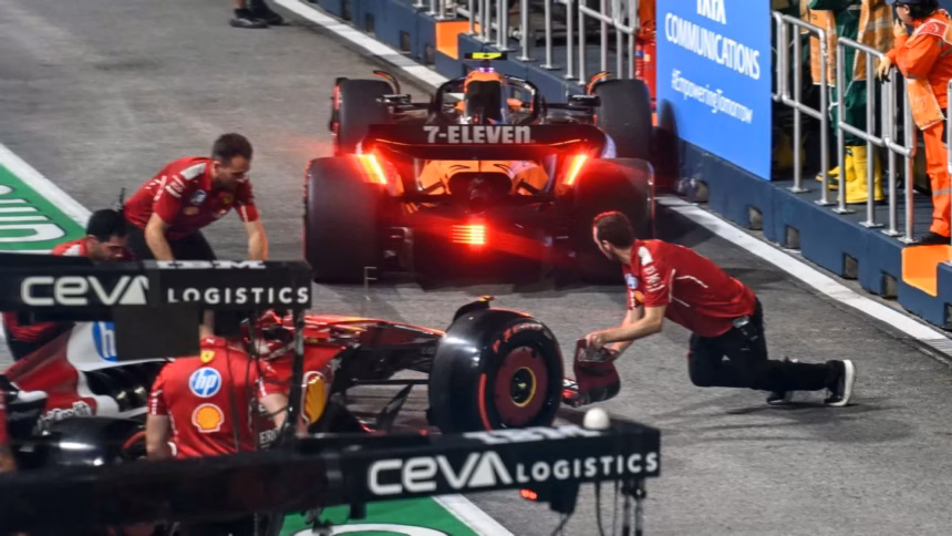 Norris collides with Leclerc in pits; Russell and Lawson, incidents in Singapore
